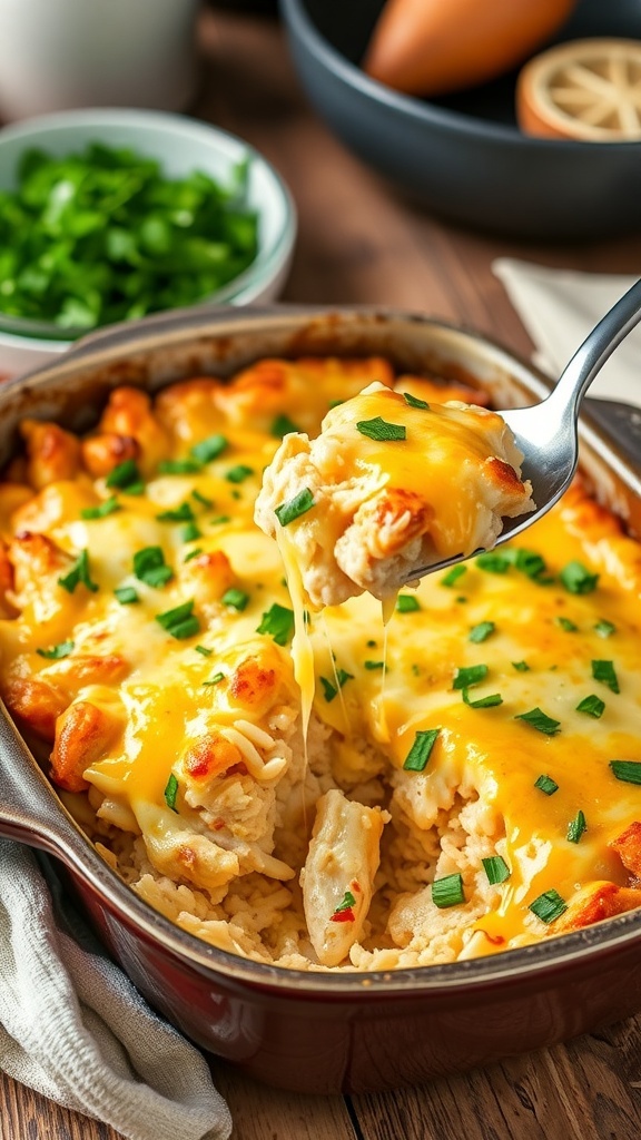 Cheesy chicken and rice casserole bake in a rustic dish, garnished with parsley, on a wooden table.